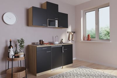 Goedkope keuken 150  cm - complete kleine keuken met apparatuur Luis - Eiken/Zwart - elektrische kookplaat  - koelkast        - magnetron - mini keuken - compacte keuken - keukenblok met apparatuur
