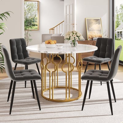 BLACKCOLORS Eettafelset (5-delig), eettafelset met 4 stoelen, keukentafelset, ronde eettafel met een diameter van 100 cm en goudkleurige metalen poten, wit MDF-blad, eetkamerstoelen van donkergrijs fluweel