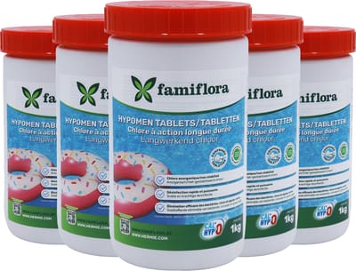 Famiflora - Langwerkend anorganisch chloor 5KG (5 x 1kg) - 10g tabs (500x10g) - niet-gestabiliseerd chloor - Lange & snelle werking - Gelijkmatige chloorafgifte - Efficiënte desinfectie