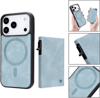 Casemania Hoesje Geschikt voor Apple iPhone 17 Pro - Aqua Blue - Magnetisch Back Cover met Uitschuifbaar Pasjeshouder - 2 in 1 Telefoonhoesje geschikt voor MagSafe met 6 Pasvakjes Creditkaarthouder - Licht Blauw