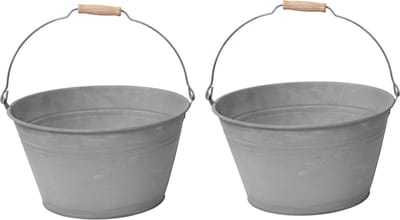 Mega Collections Emmer/plantenpot/bloempot - 2x - zink - grijs - D23 x H12 cm