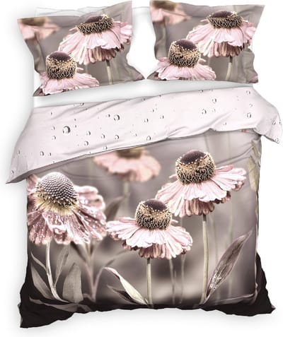 Heckettlane Dekbedovertrek Zalia - Bedlinnen met Bloemen print - 240x220 - Grijs - Dekbedhoes van 100% Katoen-Satijn