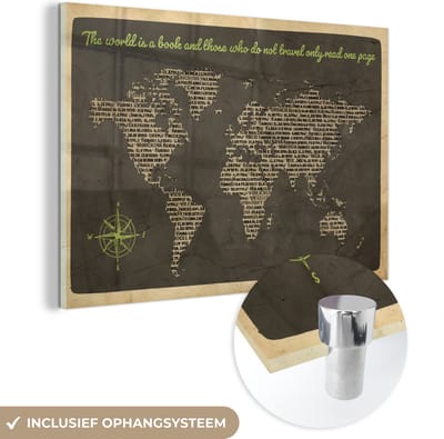 MuchoWow® Glasschilderij 60x40 cm - Schilderij acrylglas - Wereldkaart - Quote - Boeken - Foto op glas - Schilderijen