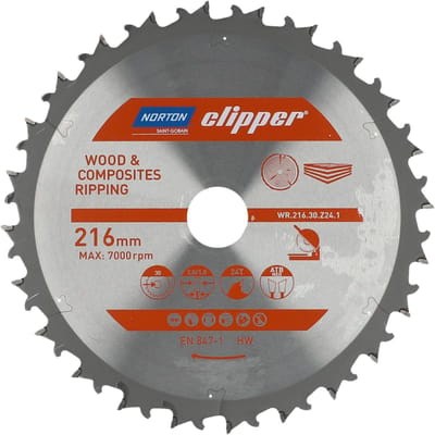 Norton Clipper Hout en Composiet - Verstekzaagblad ATB Neg - 216mm - 24 tanden - Voor Afkortzagen