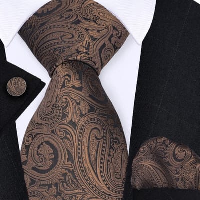 Sorprese Stropdas met Pochet en Manchetknopen - Paisley Donkerbruin - 8cm - 100% Zijde - Pochette - Cadeau