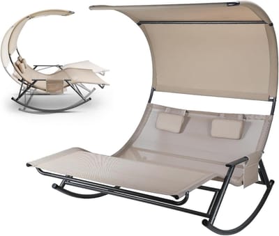 Dubbel ligbed - Schommelstoel duo - Buiten relaxen - Met zonnedak - 182x140 cm - Beige