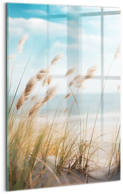 Wallfluent Glasschilderij - Landschap met gras, strand en zee in boho-stijl Foto Schilderij Op Glas - 40x60 cm - Beige Verticale Muurschildering - Landschap Glas Schilderij - Schilderij Glas - Schilderij Op Glas