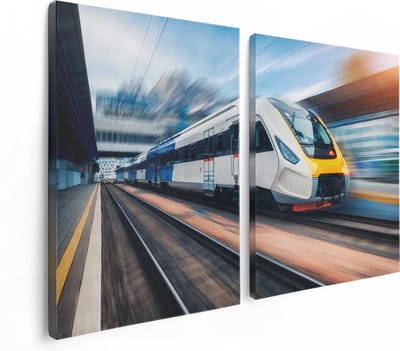 Artaza Canvas Schilderij Tweeluik Trein bij het Station - 120x80 - Foto Op Canvas - Canvas Print