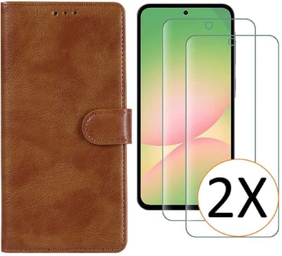 Hoesje geschikt voor Samsung Galaxy A57 5G hoesje Bruin pasjeshouder telefoon hoes - Met screenprotector tempered glass voor Galaxy A57 5G - 2x