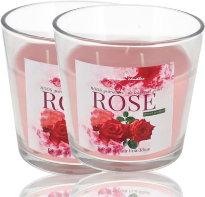 Geurkaarsen in Glas Set van 2 - Grote Roos Geurkaarsen met 3 Lonten - Rose Scented Candle - 48 Branduren