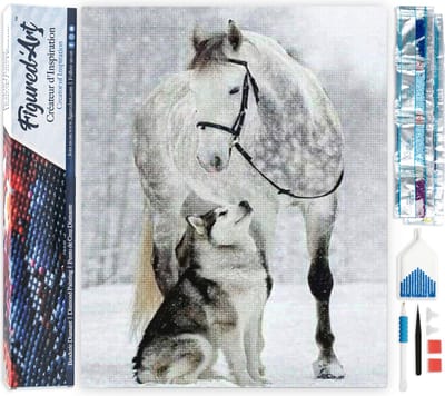 Figured'Art Diamond Painting set Volwassenen 40x50 cm Paard en wolf in de sneeuw - 5D DIY Art full drill vierkante diamant - Opgerold canvas