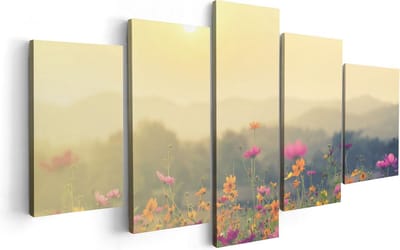 Artaza Canvas Schilderij Vijfluik Bloemenveld Met Kosmos - Zonsondergang - 100x50 - Foto Op Canvas - Canvas Print