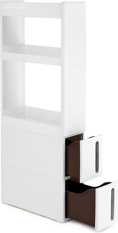 SONGMICS KRF96WT niswagen, smal, met 3 opbergvakken en 2 laden, niskast met wieltjes, voor keuken, badkamer en kelder, 17 cm breed, wit KFR06WT,Groot