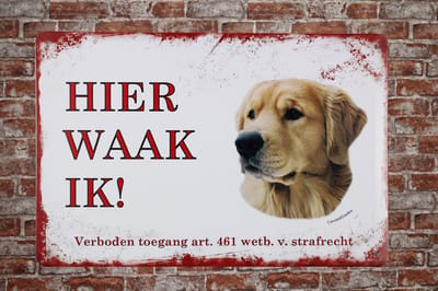 Wandbord - Hier waak ik Golden Retriever - Metalen wandbord - Mancave - Mancave decoratie - Metalen borden – Honden - Metal sign - Bar decoratie - Tekst bord - Wandborden - Wand Decoratie - Metalen