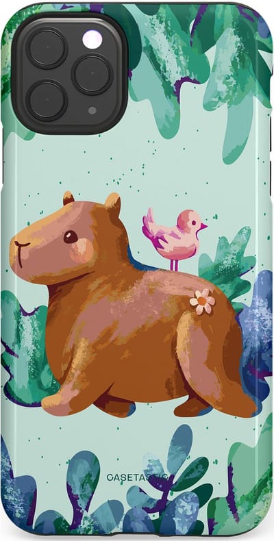 Casetastic Hoesje Geschikt voor Apple iPhone 11 Pro Max - Stijlvolle Beschermende Duo-layer Case - Capibara Vogeltjes Vriend
