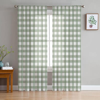 Grasgroene Dambord Transparante Gordijnen Voor Woonkamer Slaapkamer Kinderkamer Tule Raambekleding Draperieën 135W x 160H(cm)