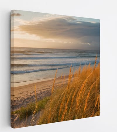 Saammp Canvas Schilderij - Zonsondergang - Strand - Zee - Duinen - 20x20 - Foto op canvas - Wanddecoratie - muurdecoratie Woonkamer - Slaapkamer decoratie - Canvas Print