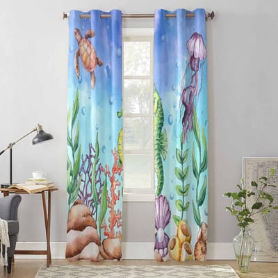 Oceaan Kwallen Zeepaardje Koraal Aquarel Raamgordijnen voor Woonkamer Slaapkamer Gordijn Modern Keuken Jaloezieën Overgordijnen Gordijnen 135W x 60H(cm) x1