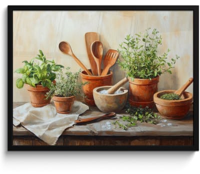 Poster in lijst - Fotolijst 70x50 cm - Posters - Potten - Kruiden - Hout - Posterlijst zwart - Decoratie - Wanddecoratie woonkamer - Muurdecoratie slaapkamer