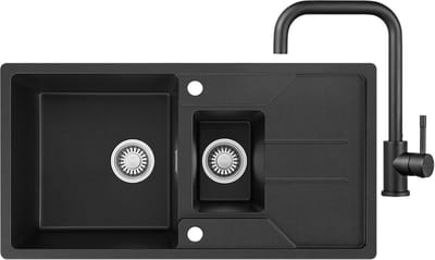 CECIPA max Spoelbak Met Kraangat - Granieten Keuken 86x45CM - 1.5 Spoelbak Keuken Met Keukenkraan - Met Afdruiprek en Waterafvoersysteem - 80% Kwarts Zand Spoelbak Keuken - Zwart