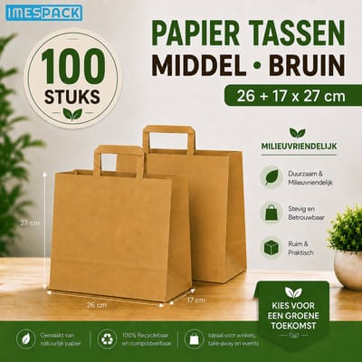 Papieren Draagtas Bruin - 26+17x27 cm - Middel - 100 Stuks - Kraft - IMES PACK