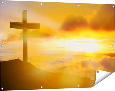 Gards Tuinposter Kruis van Jezus Christus bij Zonsondergang - 120x80 cm - Tuindoek - Tuindecoratie - Wanddecoratie buiten - Tuinschilderij