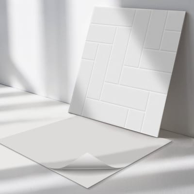 Wallfluent Vinyl Tegels - Visgraat Baksteenpatroon Zelfklevende Vinyltegels - 30 cm x 30 cm - Wit Vinyl Tegels - 9 stuks - Vierkant PVC Tegels - Texturen Plaktegels - Vloer Tegels PVC - Plaktegels Keuken en Badkamer
