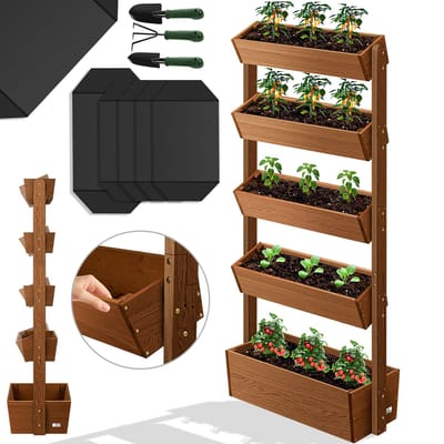 KESSER® Verticale Tuin met 5 Plantenbakken - Kweekbak voor Terras Balkon & Tuin inclusief Tuinvlies verticale Plantenbak met 5 vakken - Bruin
