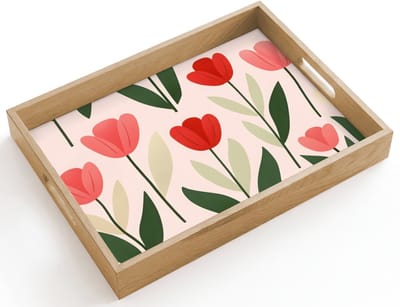 Dienblad hout 40x30 cm - Schootdienblad - Tulpen - Modern - Roze - Borrelplank rechthoek - Plateau dienbladen