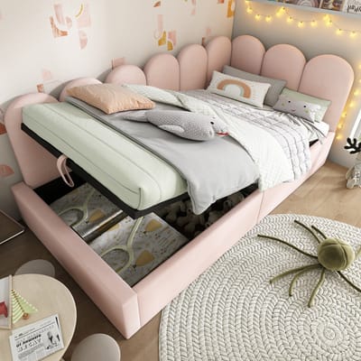 Kinderbed 90x200 - Slaapbank Met Opbergruimte - Roze Fluwelen Bed Hydraulisch