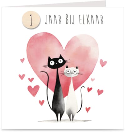 1 JAAR BIJ ELKAAR | kaart / wenskaart met envelop | POEZEN | stel / relatie / huwelijk / samen / jubileum