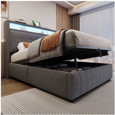 Lit - MUVOE - 140x200 cm - Rembourré en lin gris - Éclairage LED - Prise USB gris