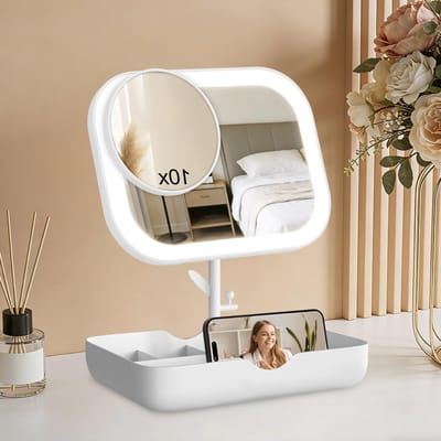 Verlicht Make-up Spiegel met 28 LED Lampen, Oplaadbare 10X Vergrotende Spiegel, 3 Kleuren Touchscreen en Draaibaar Ontwerp voor Thuis en Reizen