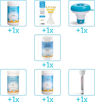 Zwembad Onderhoudspakket - Onderhoud Zwembad - bevat Chloor - Testrips - Chloordrijver - Chloor - PH-min - PH-plus en Thermometer (7-delig)
