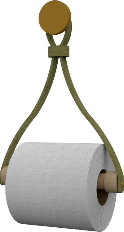Leren toiletrolhouder 'Triangle' - met Zuignap én schroef - Handles and more® | SUEDE OLIVE - roldrager: Rondhout - knop: Goud