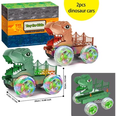 (2Pak) LED Wielverlichting Dinosaurus Auto Speelgoed, Dino Monster Truck Interactief Spelen Duurzaam Anti-Botsing Voertuig Cadeau Voor Kinderen brown