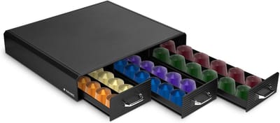 Famanu - Zwarte koffiecuphouder met 3 lades, geschikt voor 48 capsules, universele houder voor keuken of kantoor
