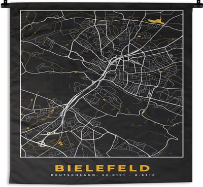 Wandkleed - Wanddoek - Bielefeld - Kaart - Plattegrond - Stadskaart - Goud - Duitsland - 180x180 cm - Wandtapijt