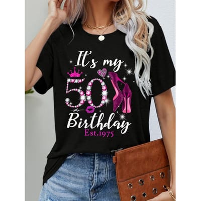 Dames T-shirt 50e Verjaardag, Opgericht 1975, Viert 50 Jaar, Diamantprint, Korte Mouw Ronde Hals Casual Top voor Lente en Zomer XXL