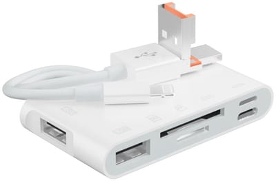 6 IN 1 - 8-Pin + USB-C + USB naar 3X USB + 8-Pin + USB-C + Micro-SD (tf) + SD kaartlezer adapter kabel - geschikt voor iPhone en laptop - multifunctioneel - wit