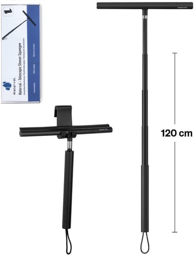 Waterval Telescopische Douchewisser – 120 cm Uitschuifbaar – 30,5 cm Breed – Inclusief 2 Ophanghaken & Raamzeem – Zwart– XL Douche Trekker met Siliconen Blad