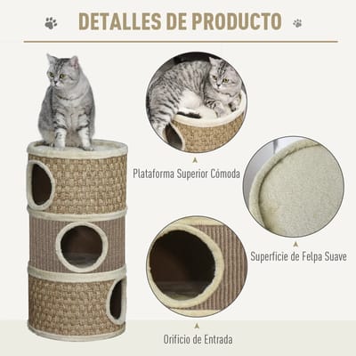 Roossentials krabpaal - Kattenboom - Kattenhuis - Klimmeubel kat - Krabpaal voor katten - 3 niveaus - Met plateaubed - 37,5X37,5X70 cm - Lichtbruin/Beige