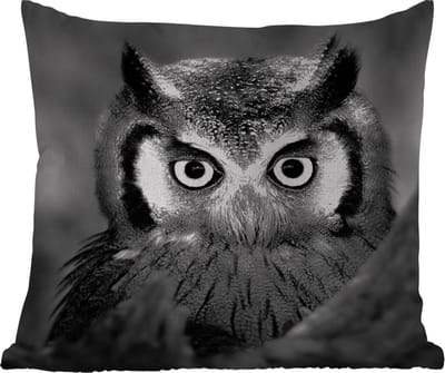 Tuinkussen - Vogel - Uil - Portret- Zwart - Wit - 40x40 cm - Weerbestendig