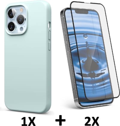 HB Hoesje Geschikt voor Apple iPhone 13 Pro - Turquoise / 2X Volledige Glazen Screenprotector - Siliconen Back Cover