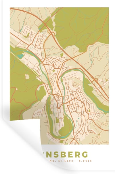 Muurstickers - Sticker Folie - Plattegrond - Arnsberg - Vintage - Kaart - Stadskaart - 20x30 cm - Plakfolie - Muurstickers Kinderkamer - Zelfklevend Behang - Zelfklevend behangpapier - Stickerfolie