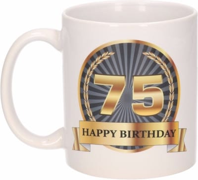 Leeftijd 75 jaar Koffiebeker - Mok - Luxe print in zwart/goud - Wit - verjaardag cadeau - 300 ml - Mannen en vrouwen