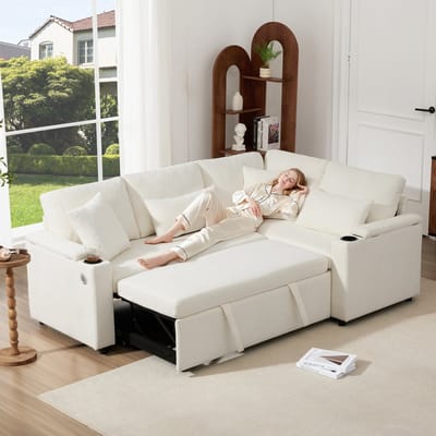 L-vorm uitschuifbare slaapbank met opbergvak - voor woonkamer & gastenkamer - 4-5 personen, 206,5x141x86 cm - beige - USB-laadpoort en drankhouder - chenille bekleding - incl. 4 kussens