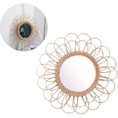 40cm Hangende Spiegel Rotan Zonnebloem Cirkelvormige Wandspiegel Decor Boho Wicker Kapspiegels A beige