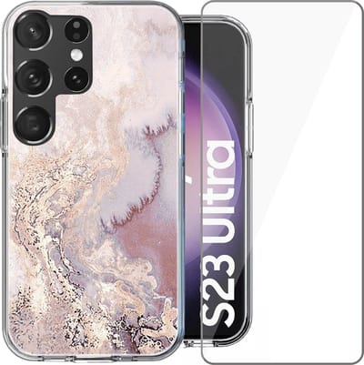 Hoesje geschikt voor Samsung Galaxy S23 Ultra - Screen Protector Glas - Back Cover Marmer Siliconen Case Roze & Screenprotector