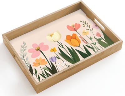 Dienblad hout 40x30 cm - Schootdienblad - Pasteltinten - Bloemen - Illustratie - Borrelplank rechthoek - Plateau dienbladen